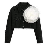 Thumbnail for Black denim jacket with a large white flower on a white background