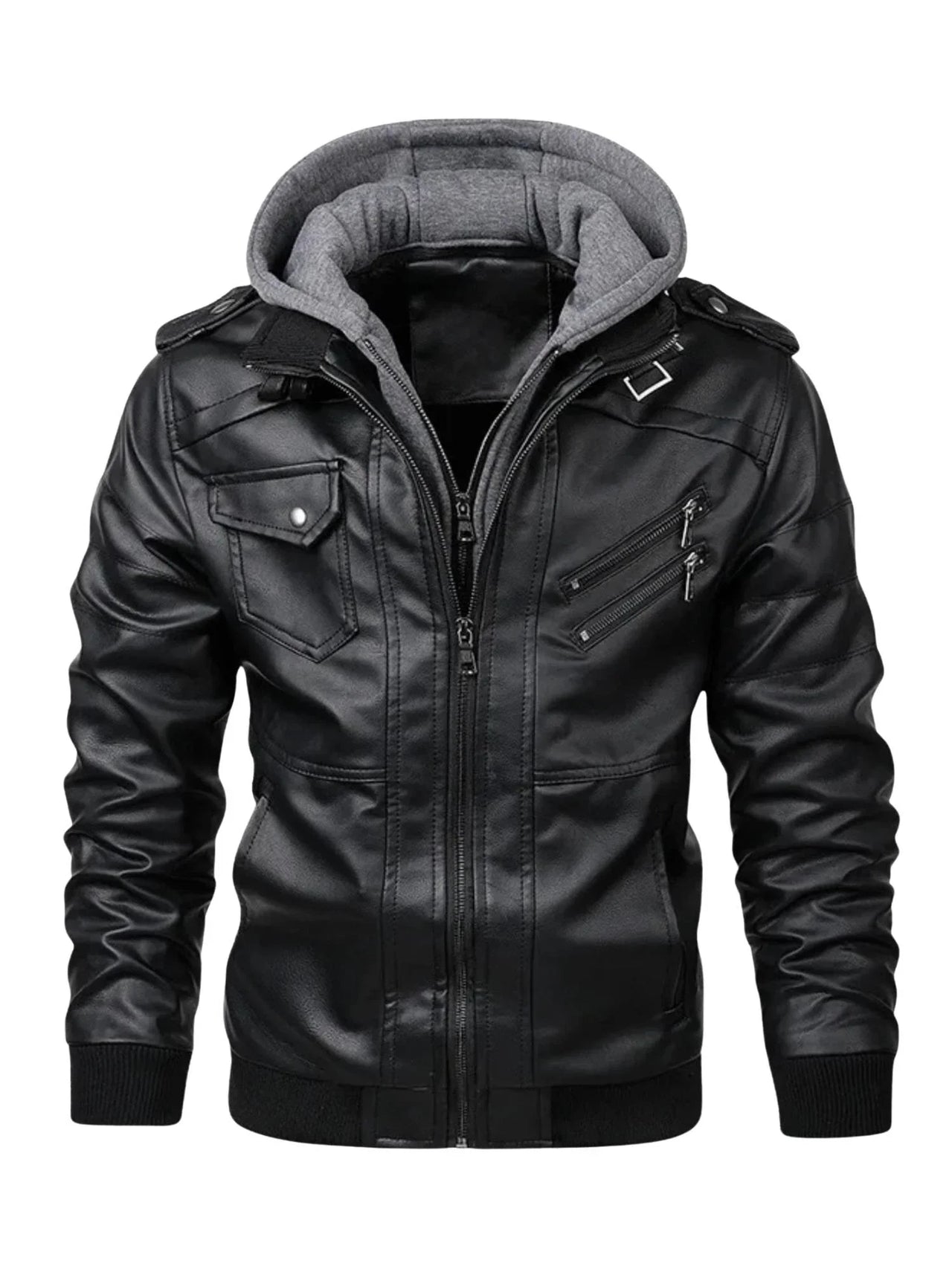 Black leather jacket with gray hood on a white background