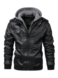 Thumbnail for Black leather jacket with gray hood on a white background