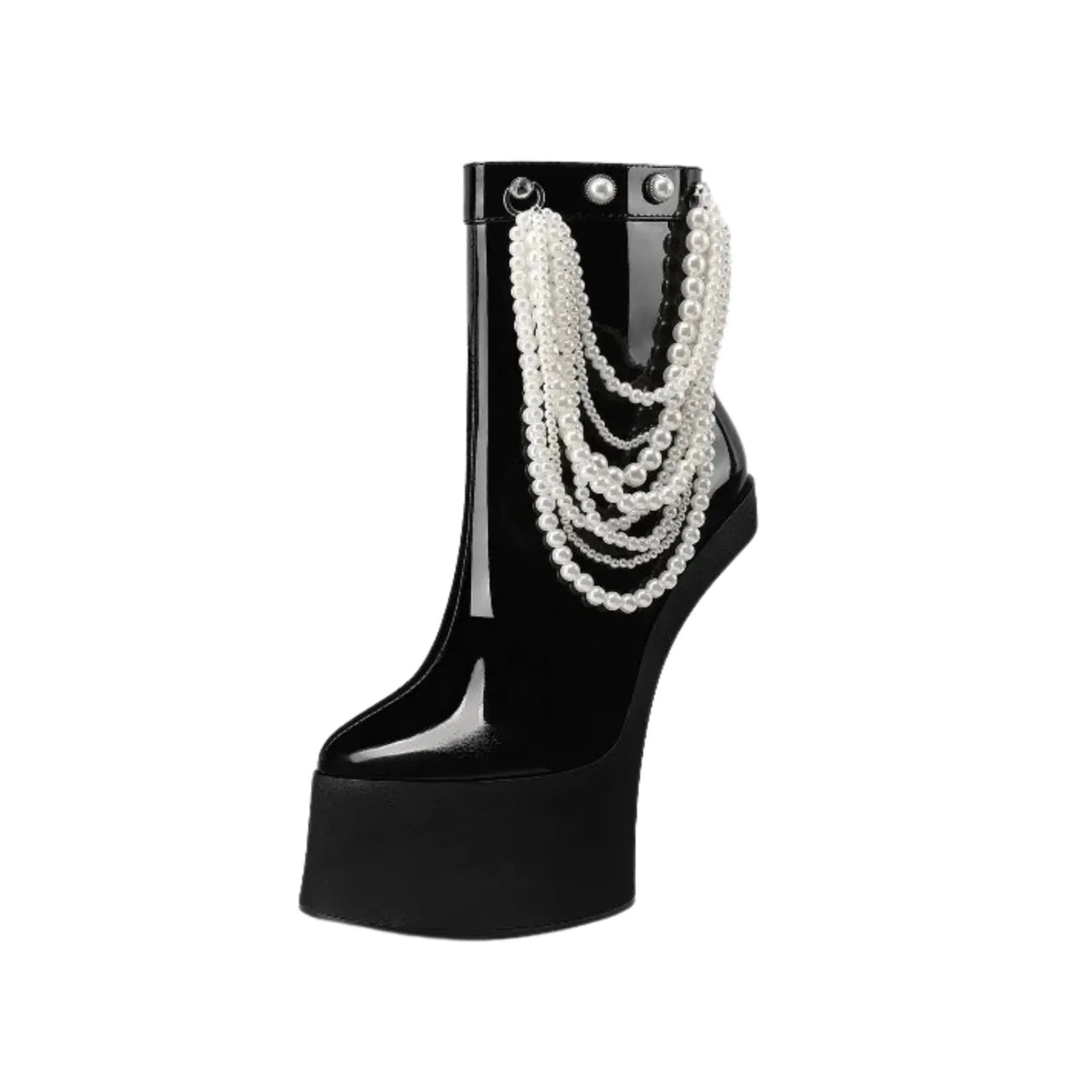 Black high-heeled boot with pearl chain on a white background