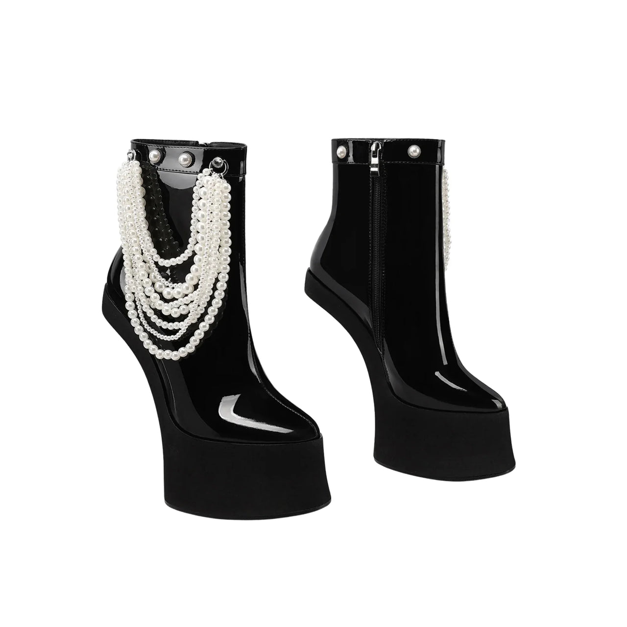 Black platform boots with pearl embellishments on a white background