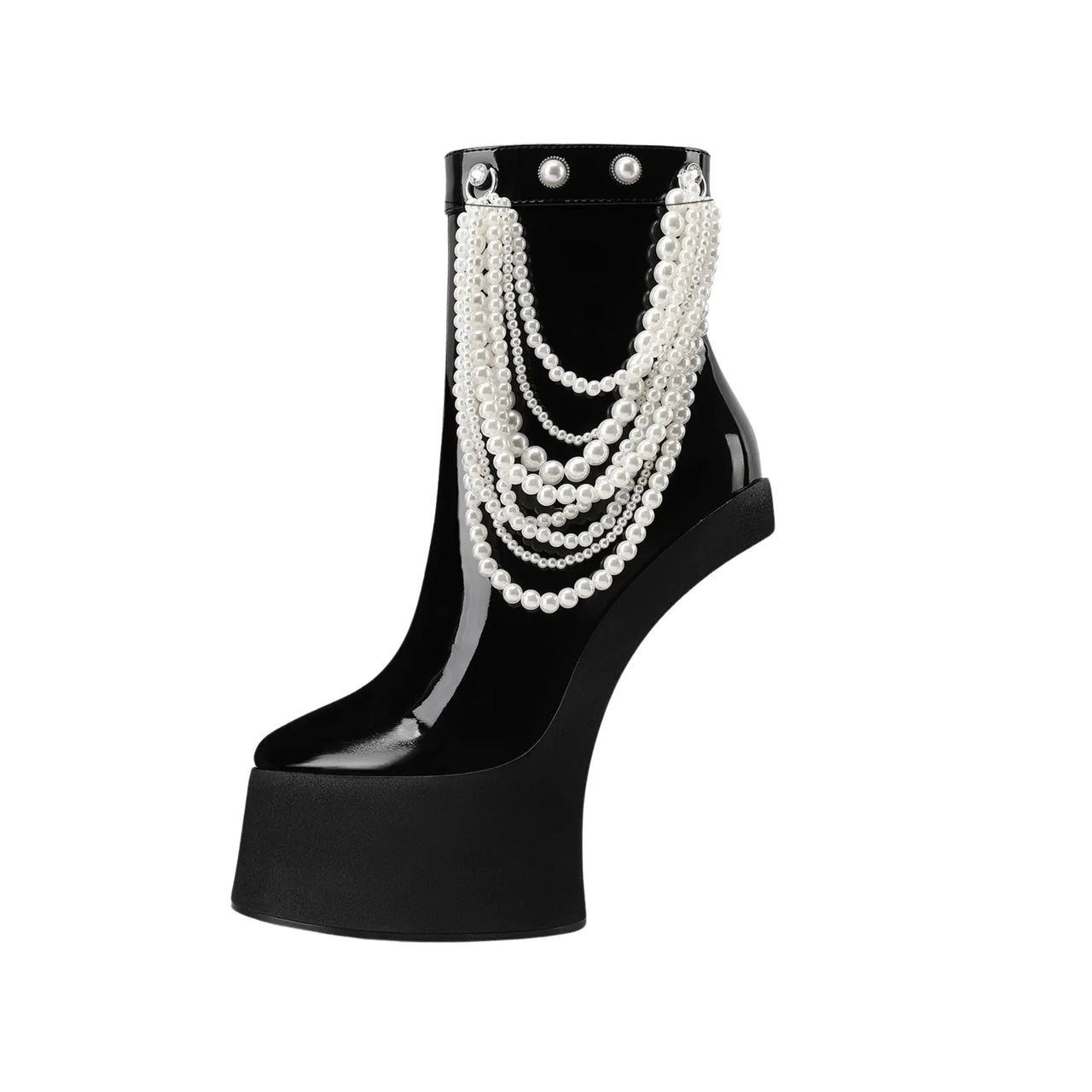 Black high-heeled shoe with pearl embellishments on a white background