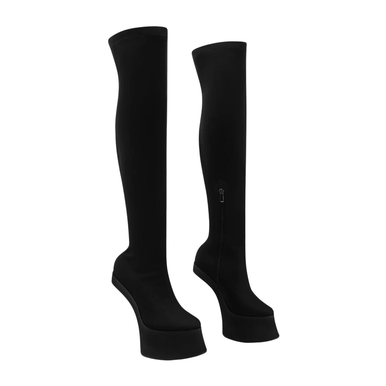 Black suede knee-high platform boot on a white background