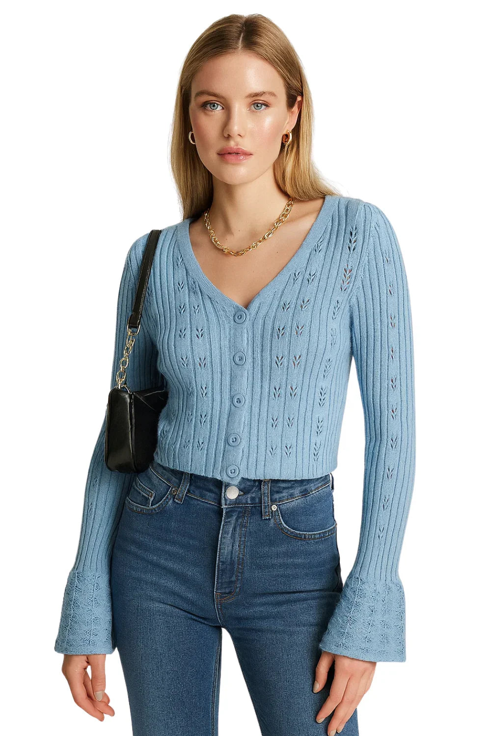 Women's Long Flare-Sleeve Cardigan V Neck Short Sweater Top Hollow Knitted Cardigan