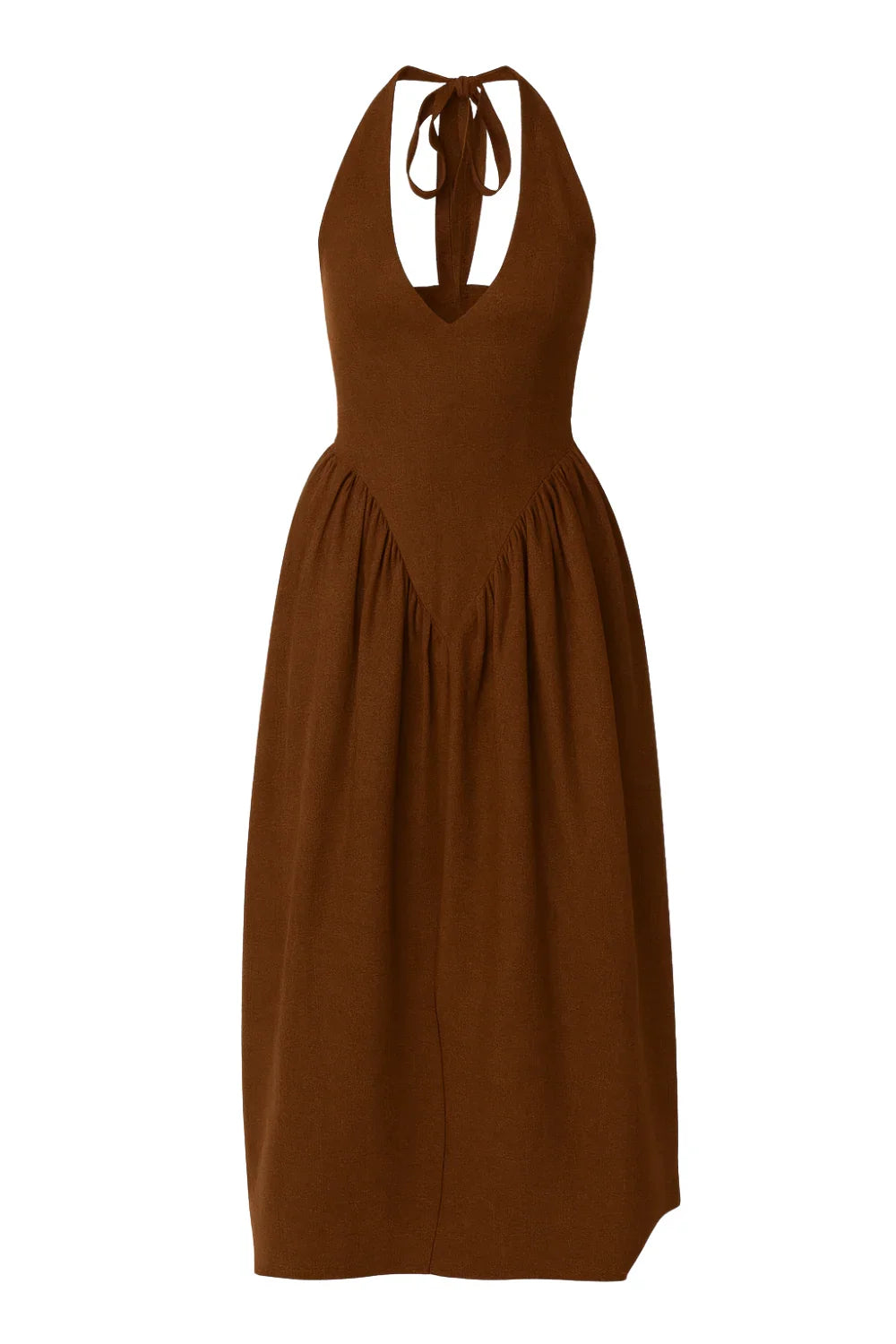 Brown halter neck dress on a white background