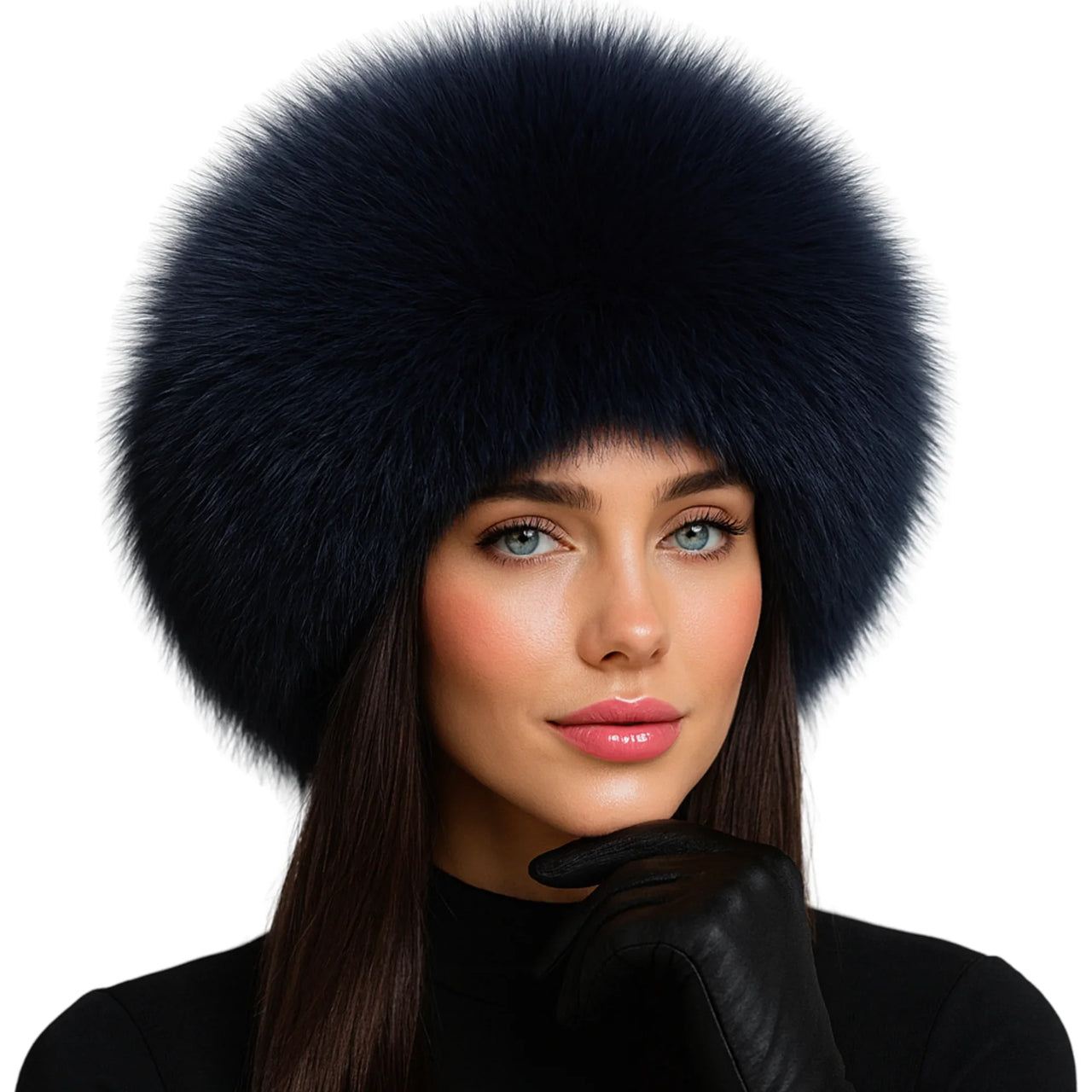 Woman wearing a dark blue fur hat on a white background