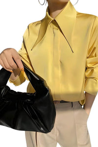 Thumbnail for Stylish Elegant Turn Down Collar Long Sleeve Satin Shirt -, Blouse , Drestiny , Australia, Blouses, Dress Shirts, L, Long Sleeves, M, Mustard Yellow, New Zealand, S, United Kingdom, United States, White, XL, XXL , Drestiny , www.shopdrestiny.com