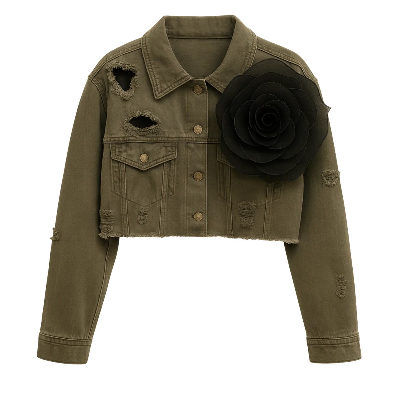 Trendy Fashion Women's Spliced 3D Flower Denim Coat Lapel Long Sleeve Button Jacket Female