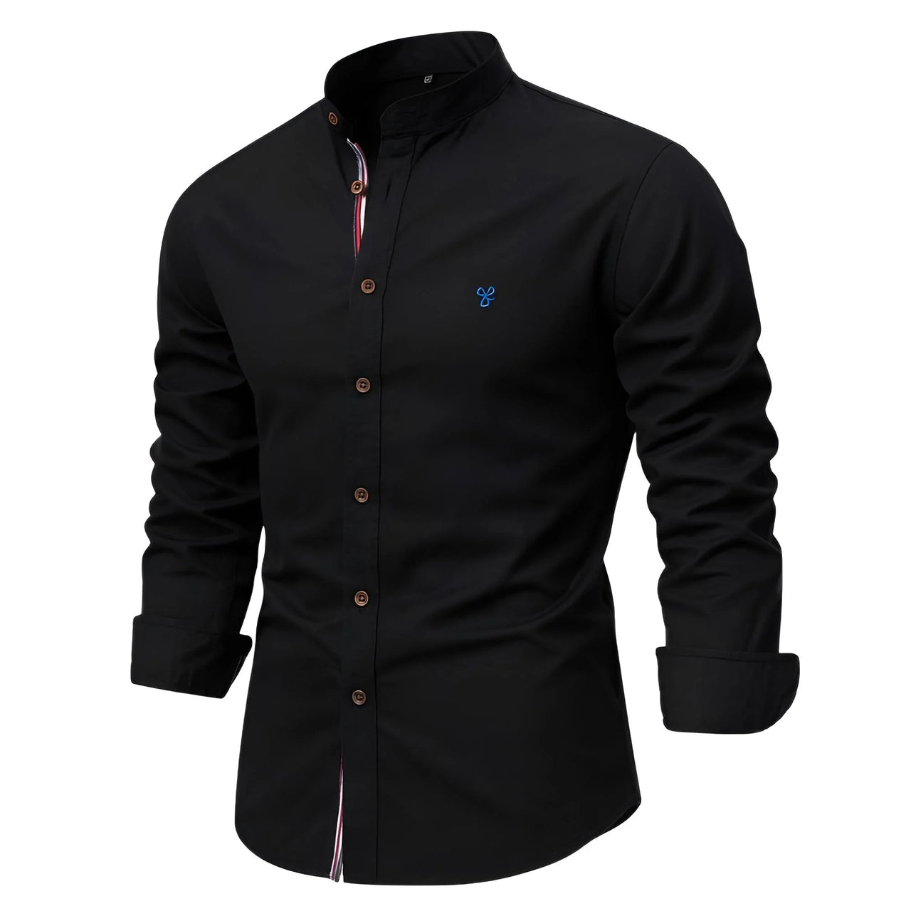 Men's black button-up shirt with a small logo on a white background