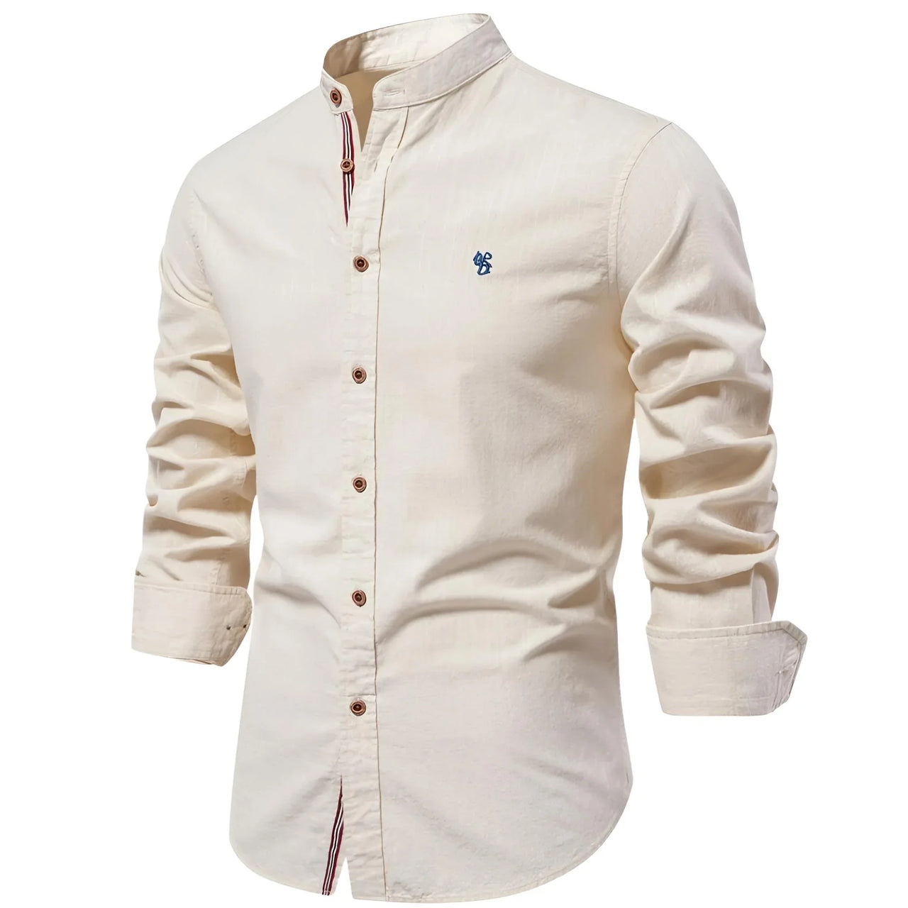 Beige long-sleeve shirt with a small logo on a white background