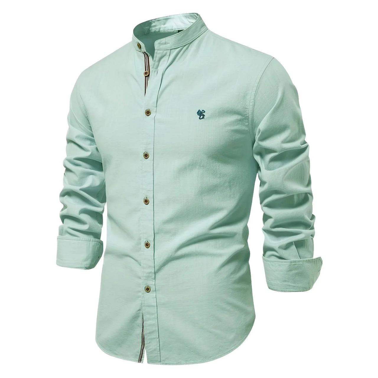Light green shirt with a small logo on a white background