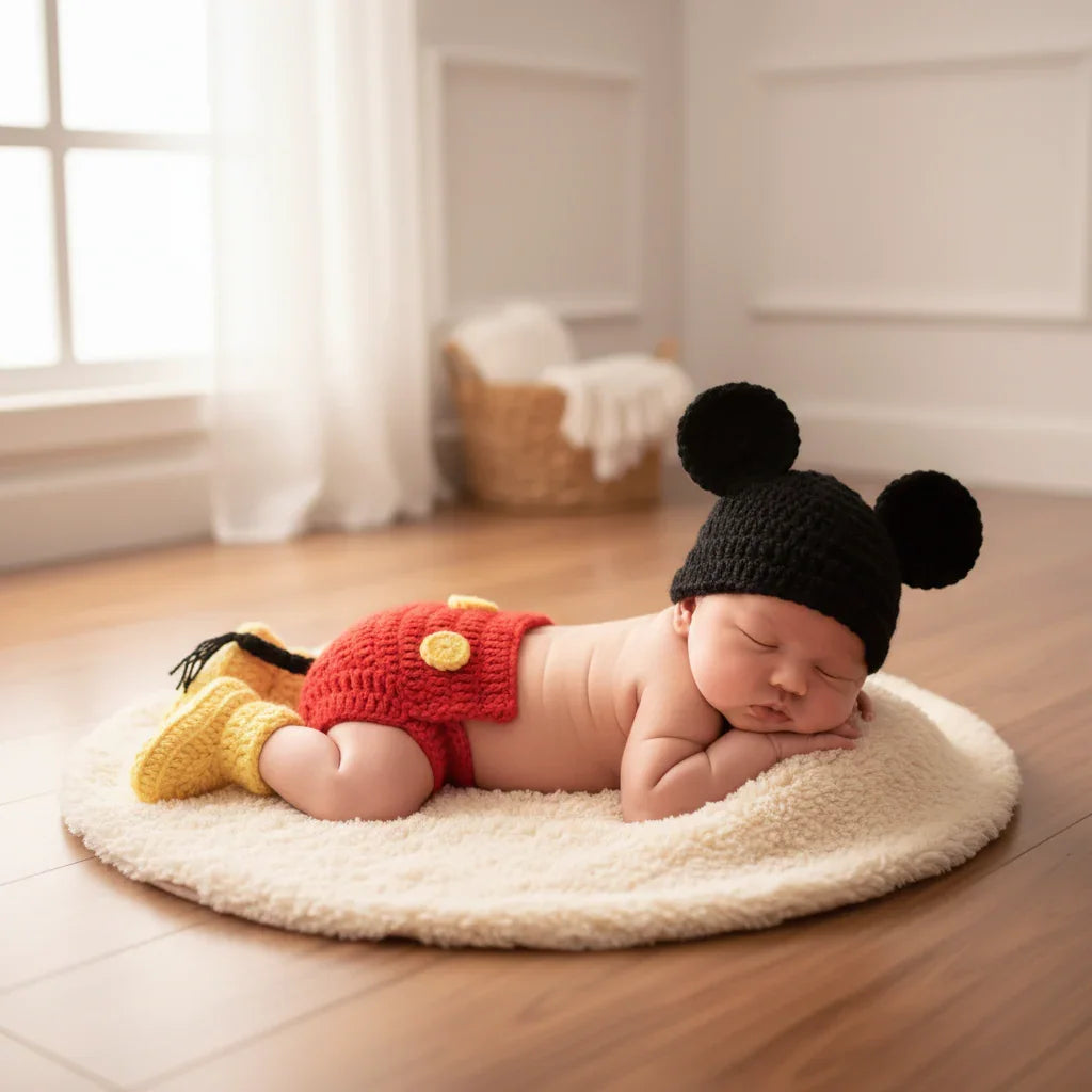 Newborn baby wearing a black knit hat with two large black pom-poms and red and yellow outfit lying on a white rug.