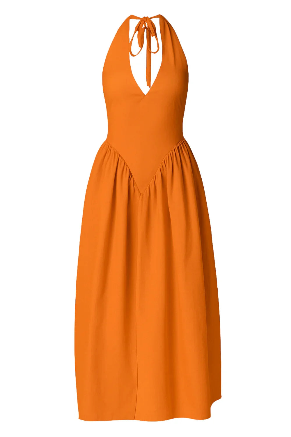 Orange halter neck dress on a white background