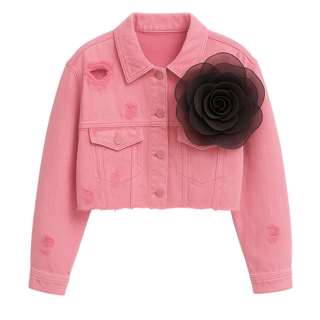 Trendy Fashion Women's Spliced 3D Flower Denim Coat Lapel Long Sleeve Button Jacket Female