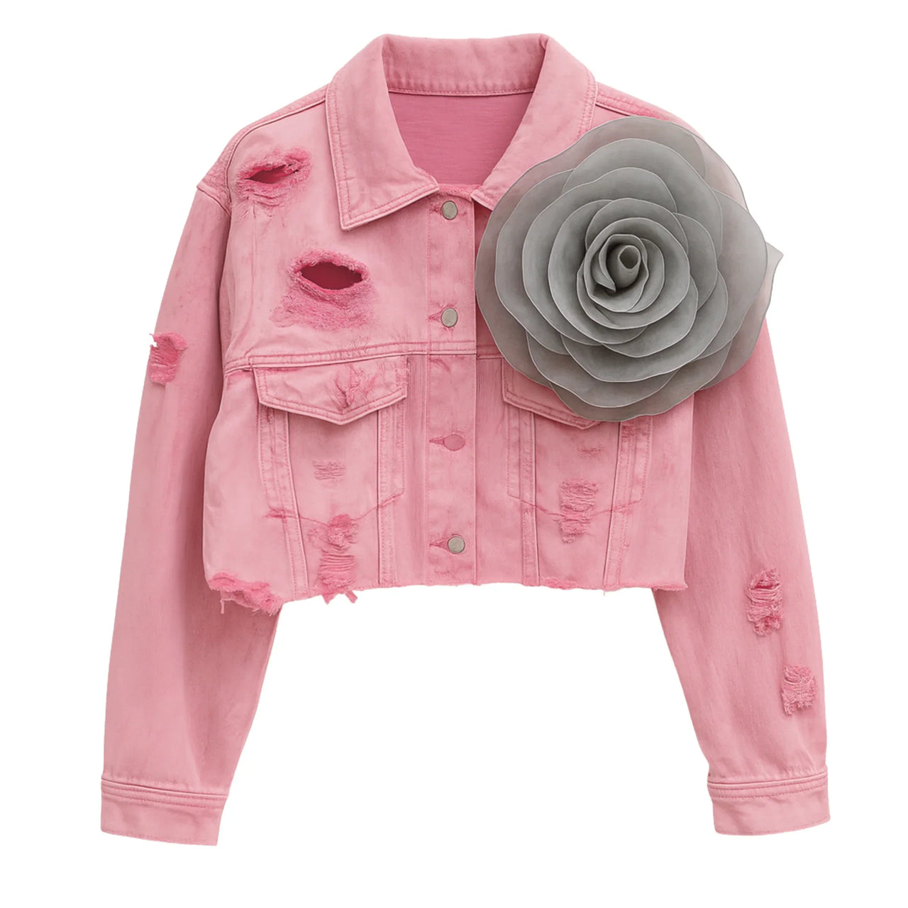Pink denim jacket with a large gray flower on a white background