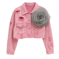 Thumbnail for Pink denim jacket with a large gray flower on a white background
