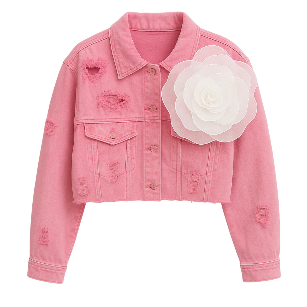 Trendy Fashion Women's Spliced 3D Flower Denim Coat Lapel Long Sleeve Button Jacket Female