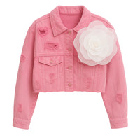 Thumbnail for Trendy Fashion Women's Spliced 3D Flower Denim Coat Lapel Long Sleeve Button Jacket Female