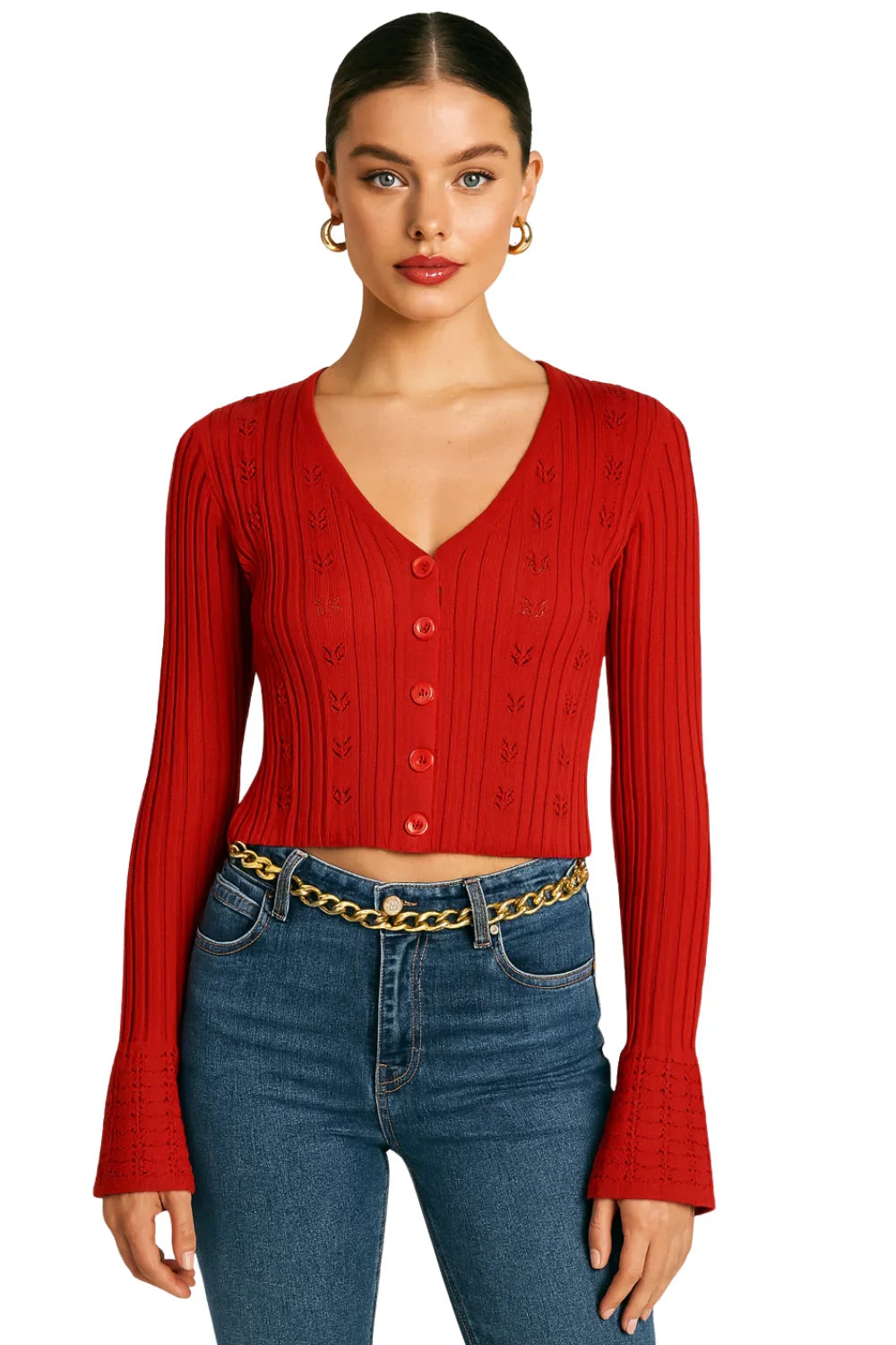 Women's Long Flare-Sleeve Cardigan V Neck Short Sweater Top Hollow Knitted Cardigan