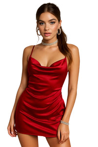 Thumbnail for Woman wearing a red satin dress on a white background