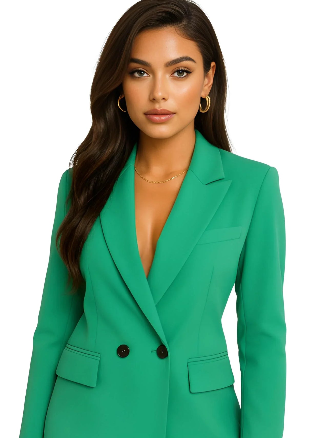 Woman wearing a green blazer on a white background