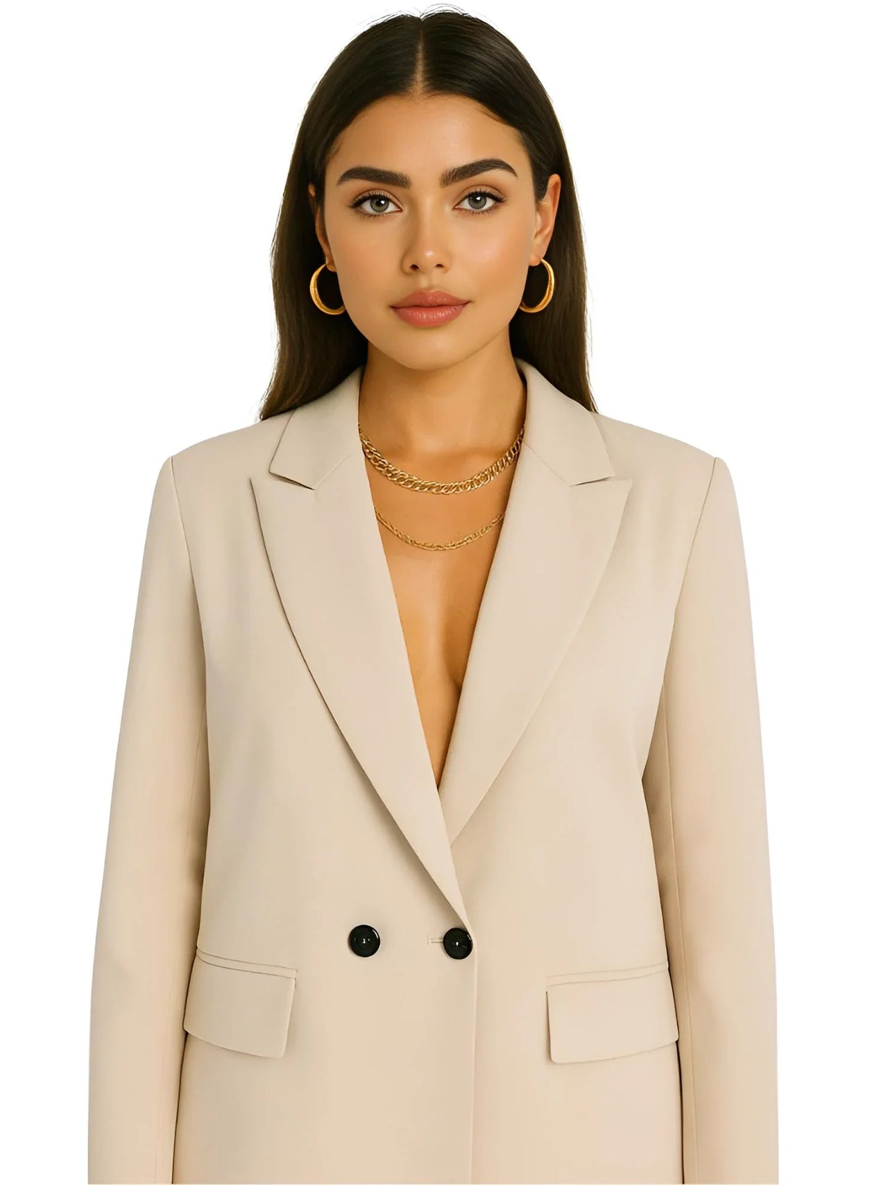 Woman wearing a beige blazer on a white background