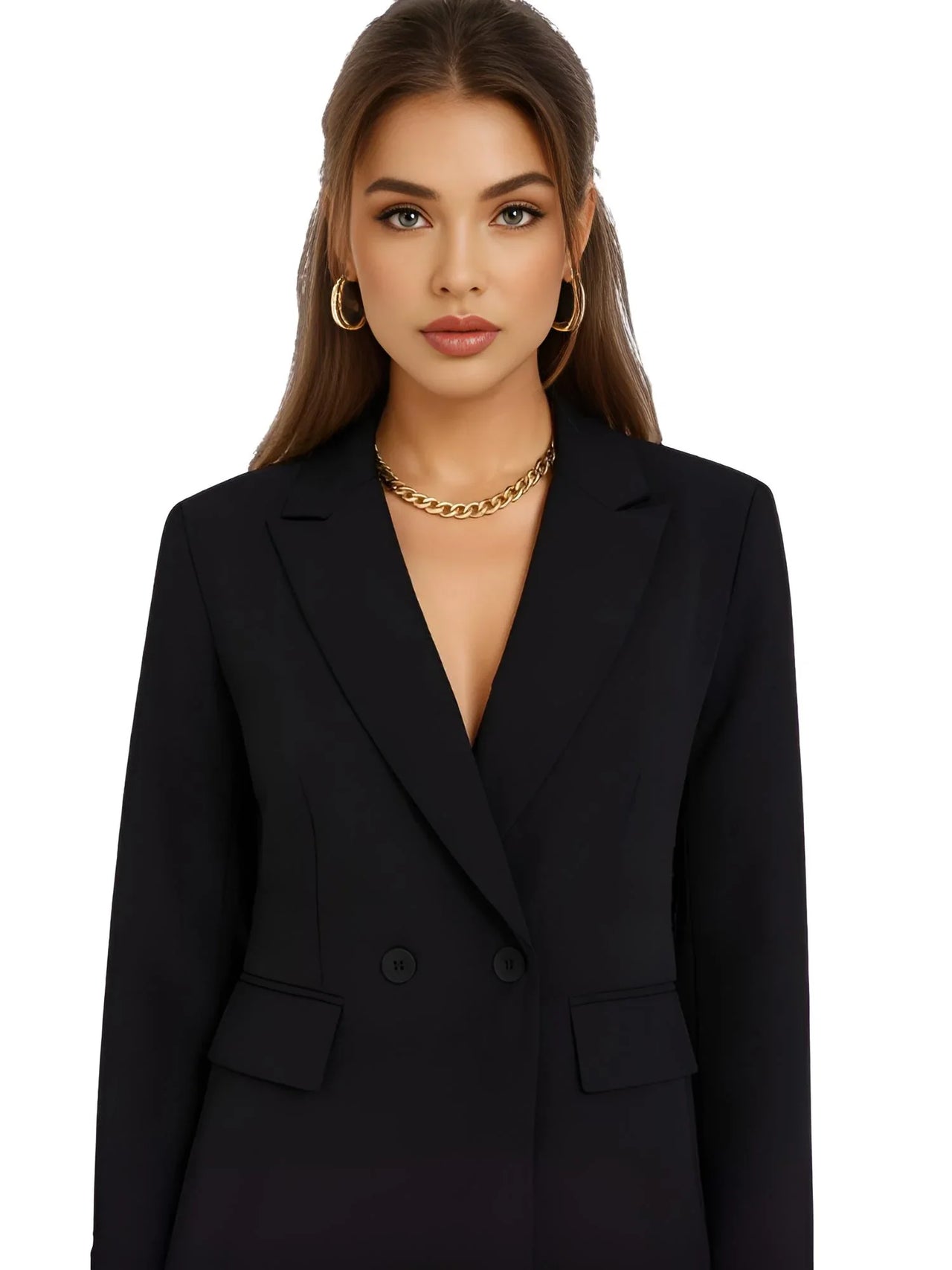 Woman wearing a black blazer with a white background
