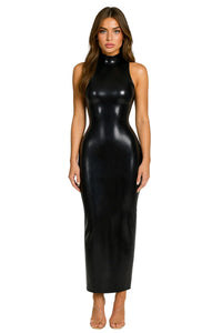 Thumbnail for Woman wearing a black faux leather dress on a white background