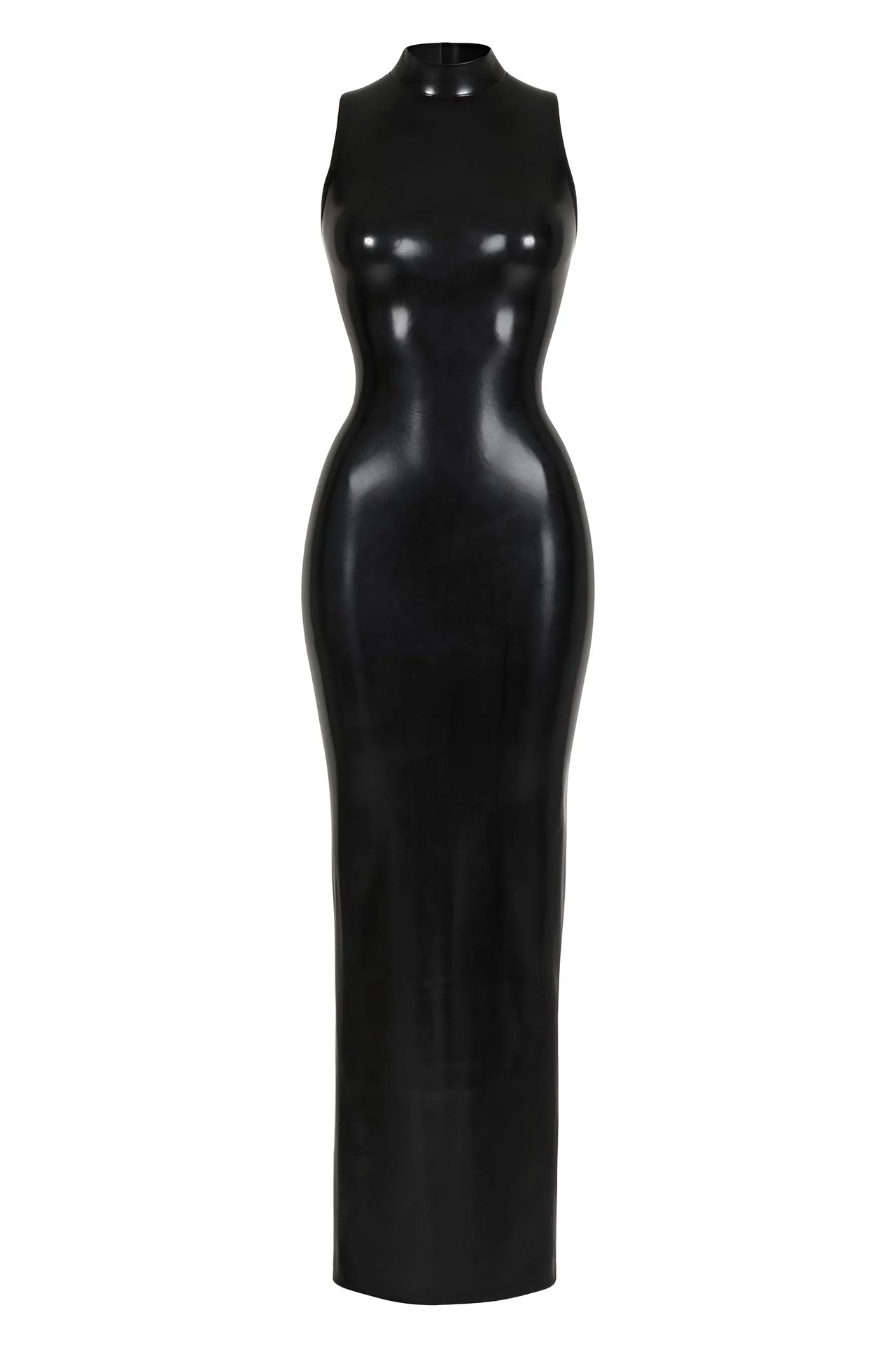 Black faux leather dress on a white background