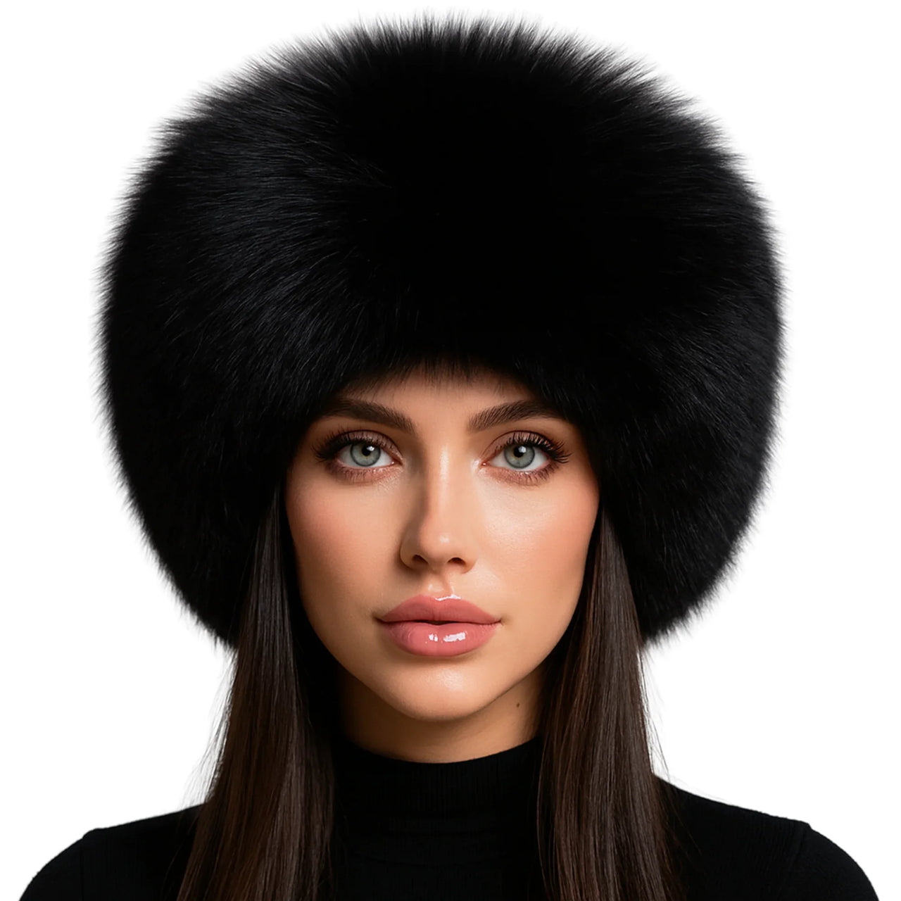Woman wearing a black fur hat on a white background