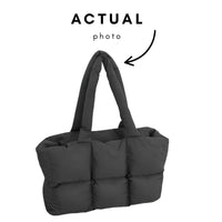 Thumbnail for Black puffer tote bag on a white background with 'Actual photo' text and arrow.