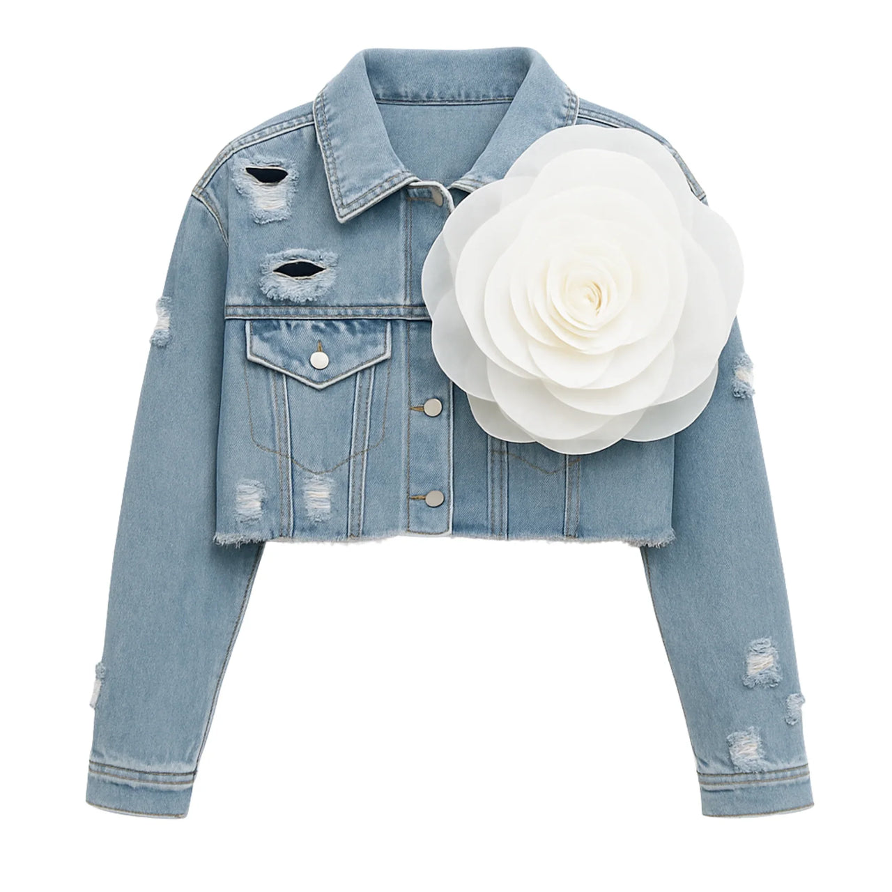 Denim jacket with a large white flower accessory on a white background