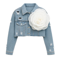 Thumbnail for Denim jacket with a large white flower accessory on a white background
