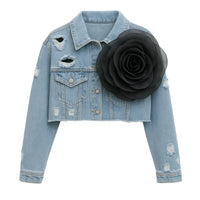 Thumbnail for Denim jacket with a large black flower attached on a white background