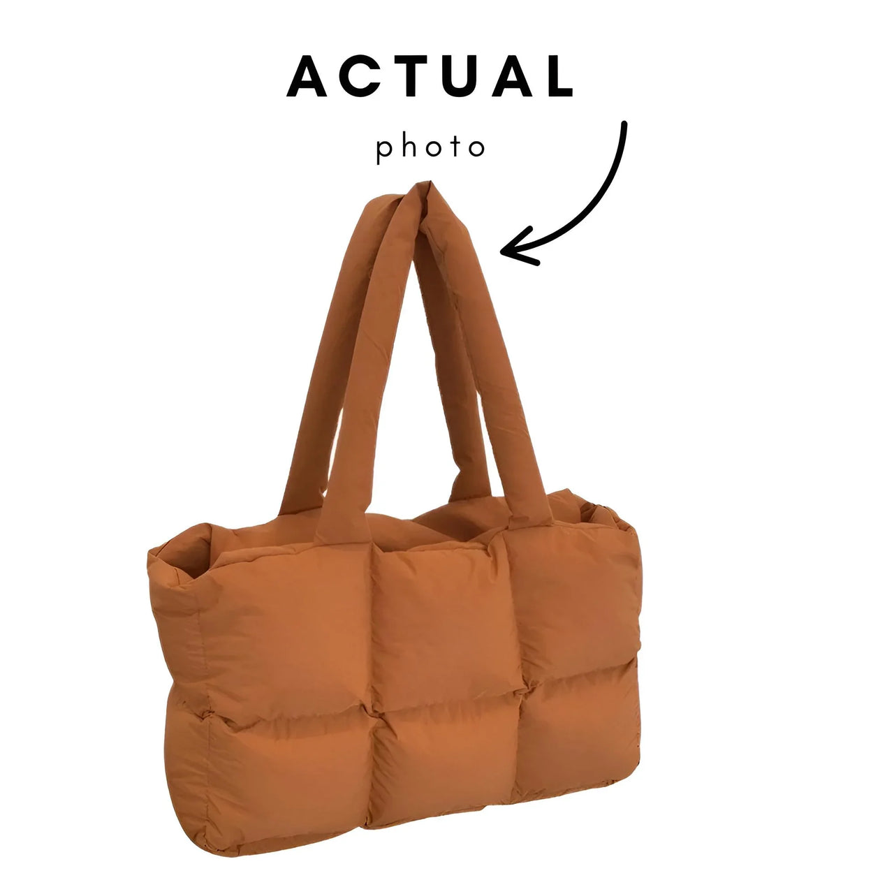 Brown quilted bag on a white background with 'Actual photo' text and arrow.