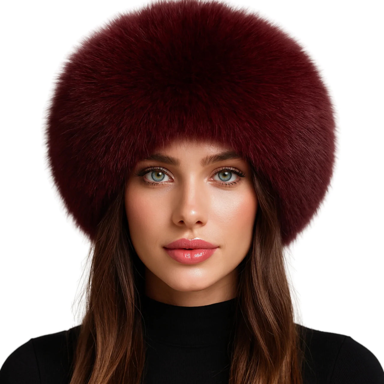 Woman wearing a dark red fox fur hat on a white background