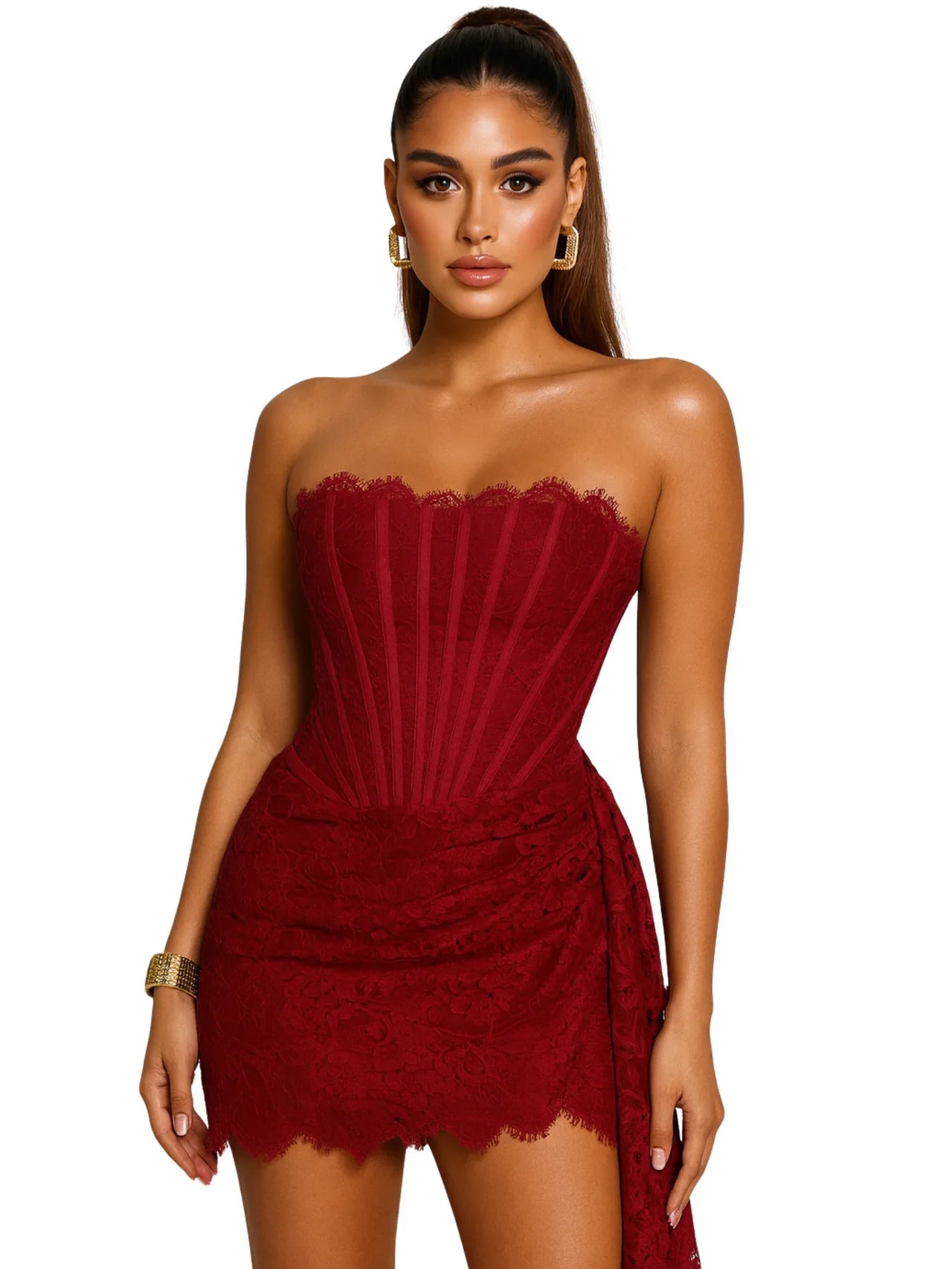 Woman wearing a strapless dark red lace dress on a white background