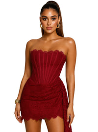 Thumbnail for Woman wearing a strapless dark red lace dress on a white background