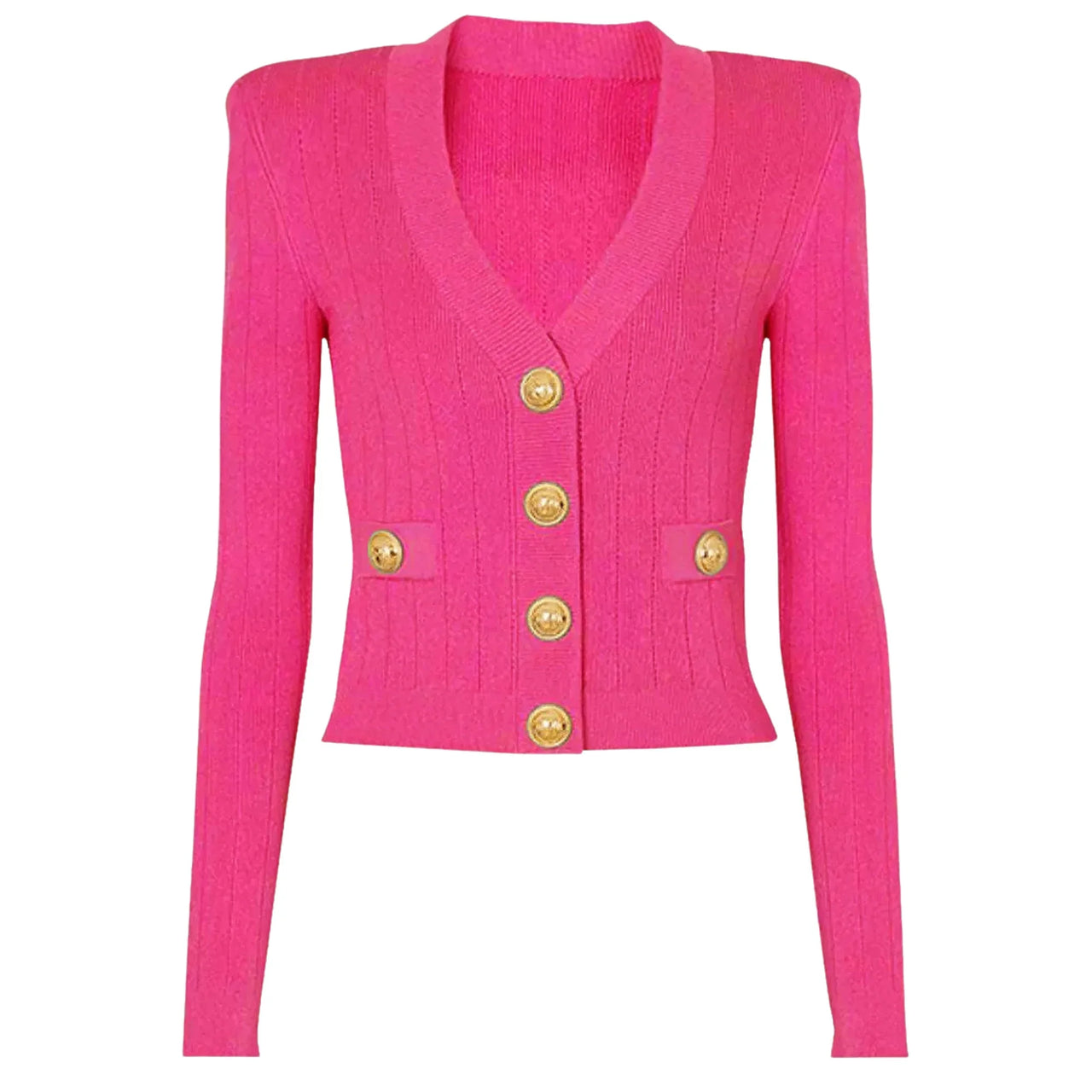 Pink cardigan with gold buttons on a white background