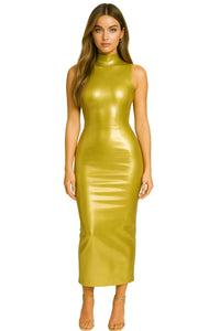 Thumbnail for Woman wearing a shiny gold dress on a white background