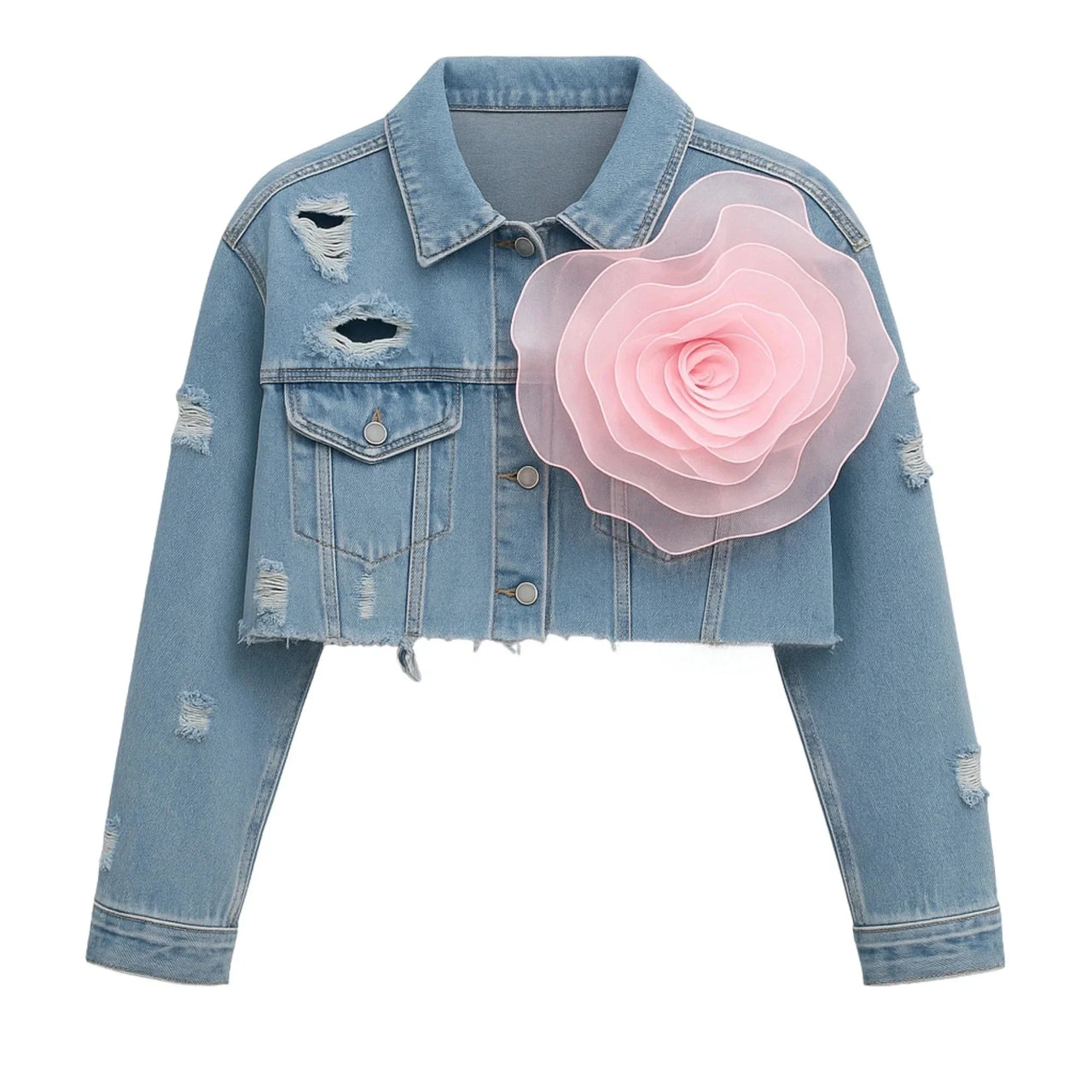 Denim jacket with a pink flower embellishment on a white background