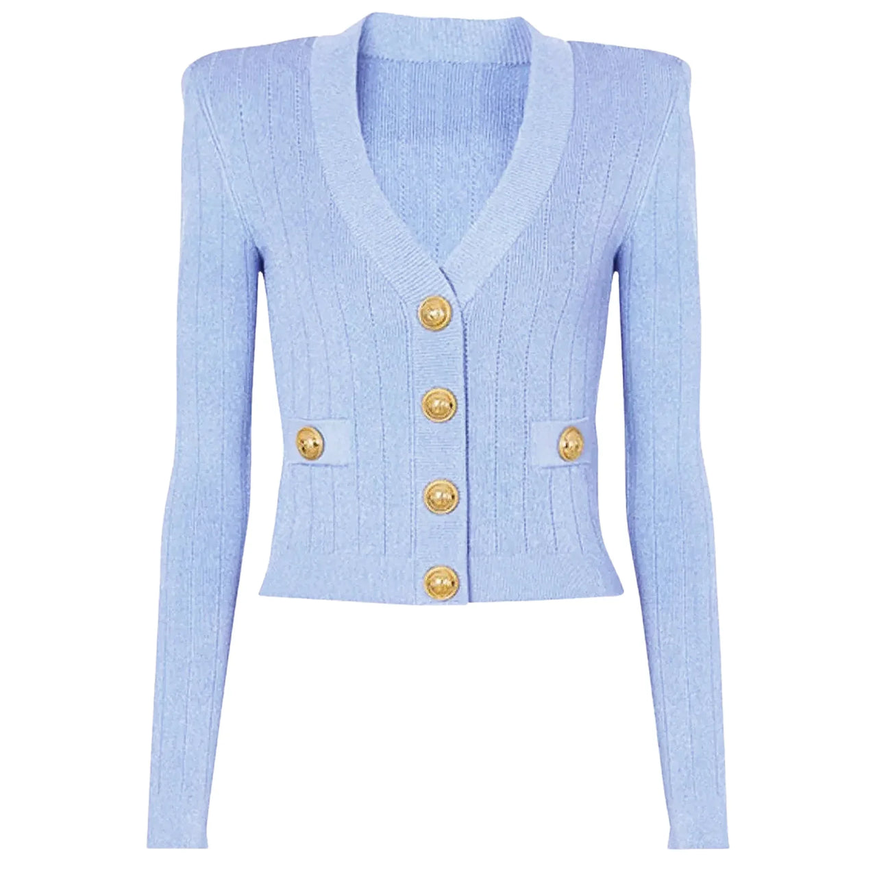 Light blue cardigan with gold buttons on a white background