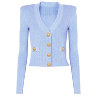 Thumbnail for Light blue cardigan with gold buttons on a white background