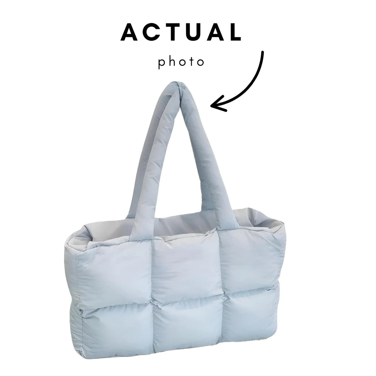 Light blue puffer bag with quilted texture with 'Actual photo' text and arrow on a white background