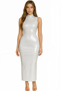 Thumbnail for Woman wearing a light gray high-neck dress on a white background