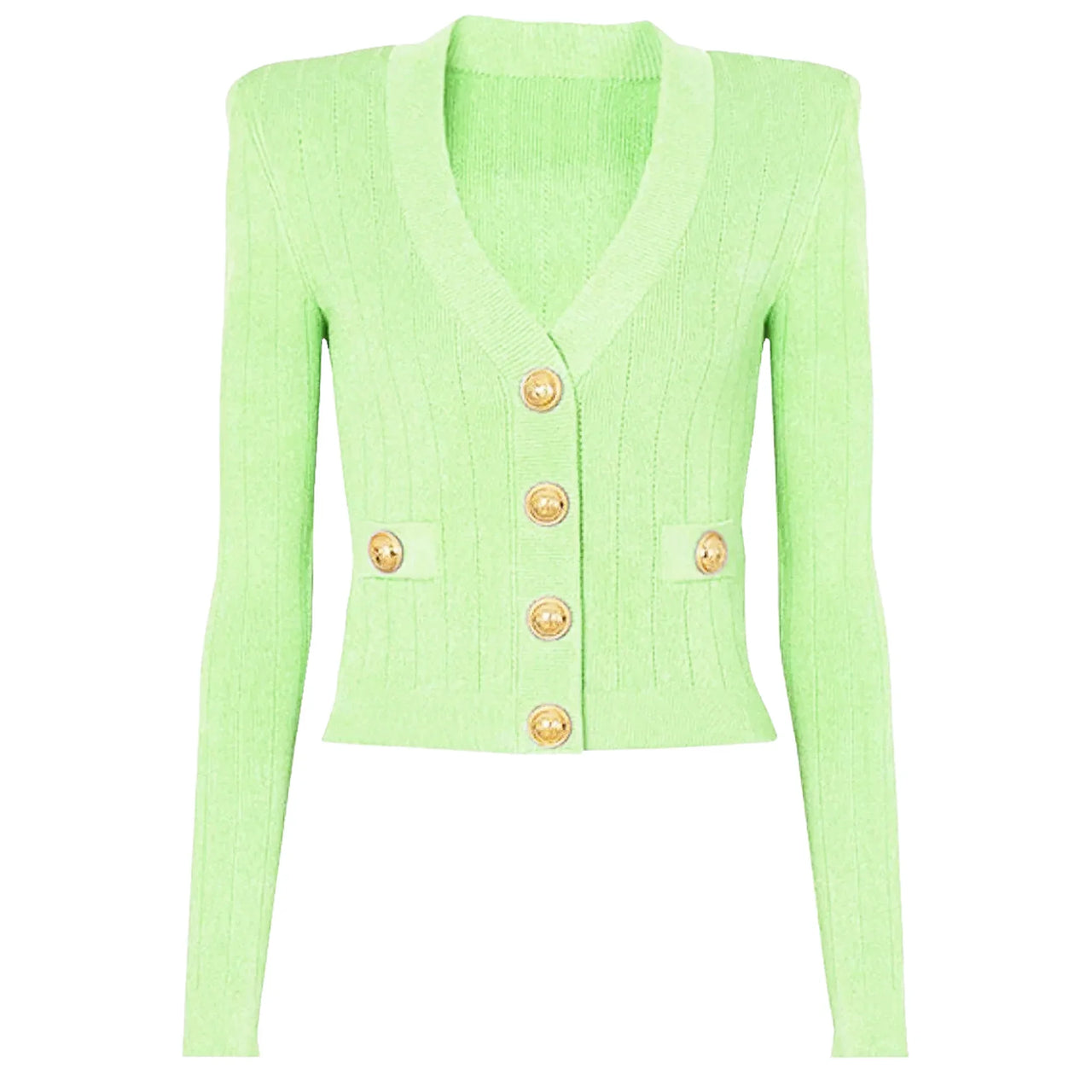 Light green cardigan with gold buttons on a white background