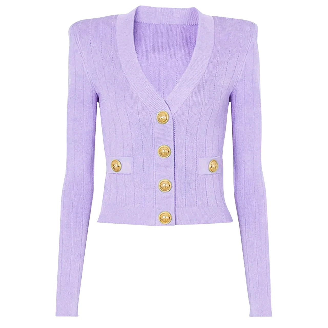 Lavender cardigan with gold buttons on a white background