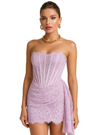 Thumbnail for Woman wearing a strapless lavender lace mini dress on a white background