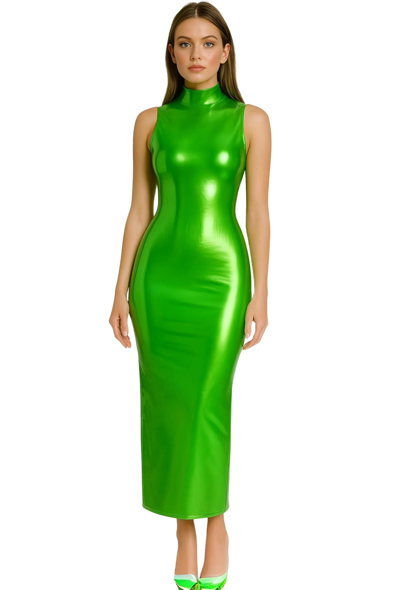 Woman wearing a green metallic dress on a white background