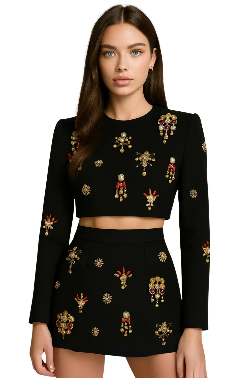Black rhinestone embroidered top and skirt set on a model against a white background